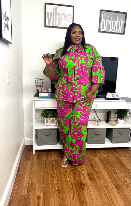 Bell Sleeve Two-Piece Set Pink & Green
